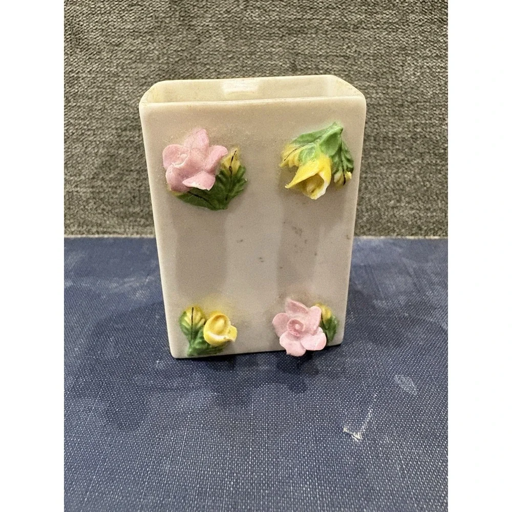 Vintage Porcelain Match Box Holder With Applied Flowers And‎ Matches